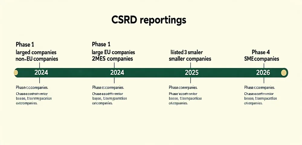 CSRD compliance timeline showing phased reporting obligations by company size from 2024 through 2027