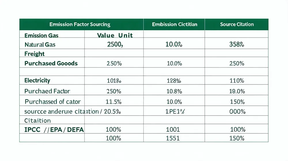 Table showing emission factor sources including IPCC AR6, EPA, DEFRA, and Ecoinvent organized by scope category