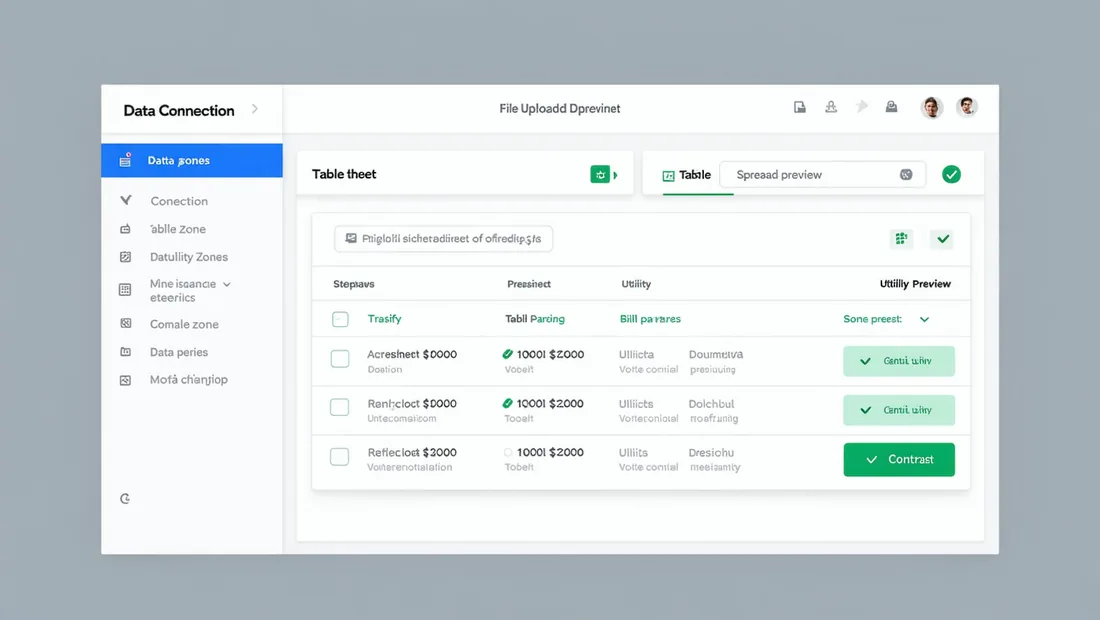 Platform interface showing data source connections including CSV uploads, spreadsheet templates, and utility bill imports