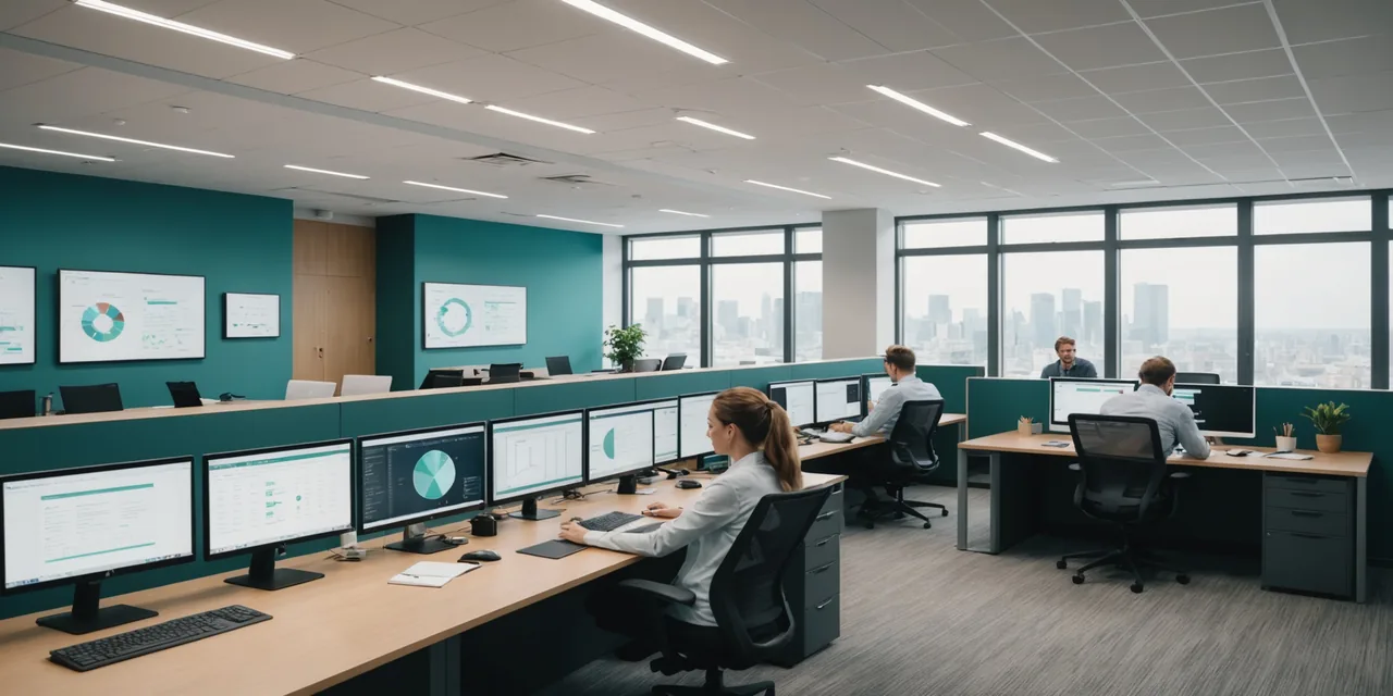 ESG team collaborating around data dashboards in a modern office