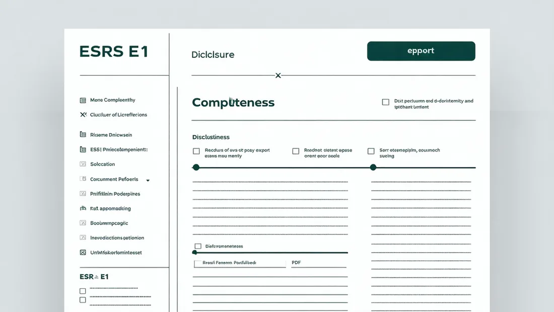 CSRD ESRS E1 report builder interface showing structured disclosure sections and export options